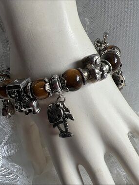 Charm Beaded Bracelet with Brown Tiger Eye Beads